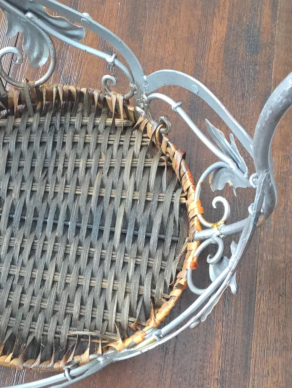 Woven Rattan and Metal Accent Stool - Brown and Silver. Circa 1950s-1980.
